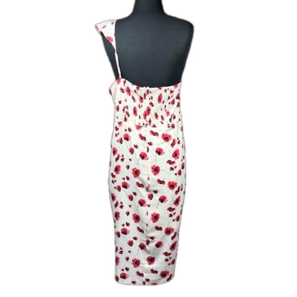 Lucy Paris One Shoulder Midi Dress Cream Red Floral Ruffles Feminine Cocktail L - Picture 3 of 16